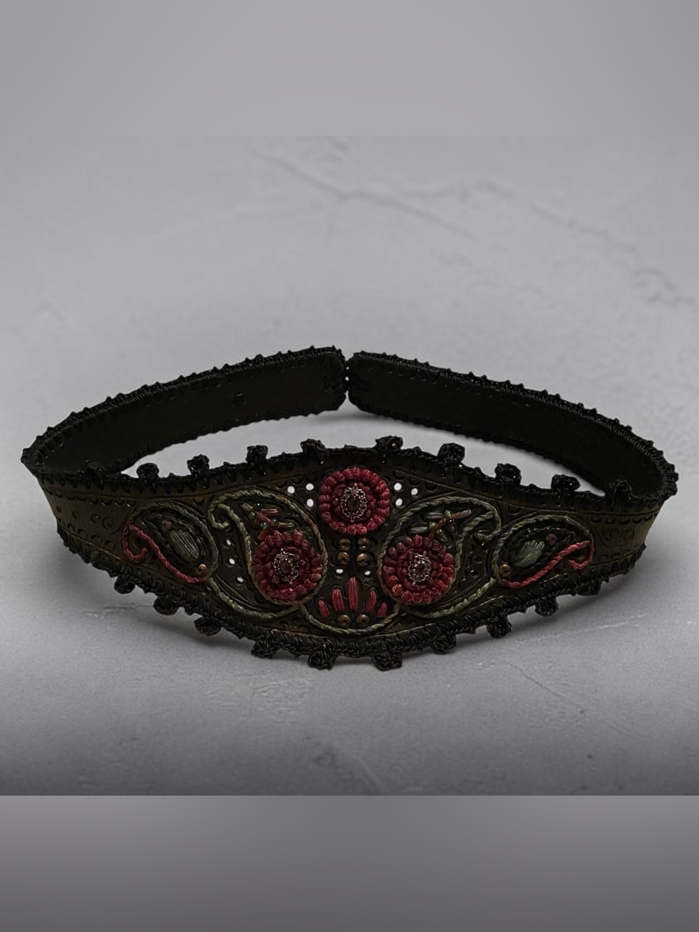 Unique Bohemian Embroidered Black and Burgundy Floral Belt